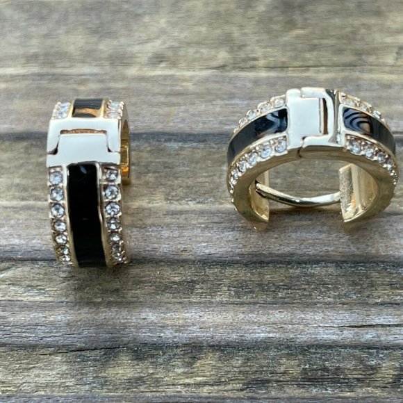 DKNY Women Earrings GoldBlack Tone Crystal Accent Hinge Ladies Ear Jewelry New - Picture 9 of 12